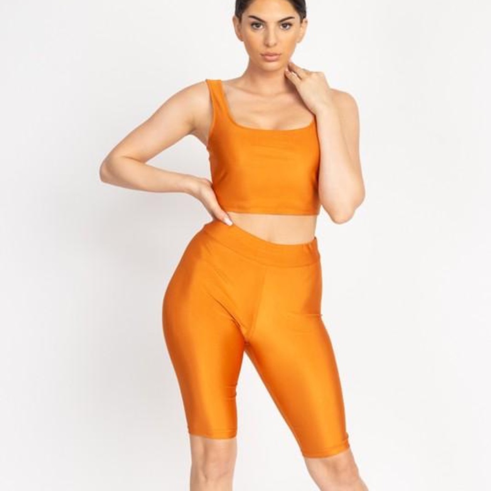 Orange Satin Biker Short Set
